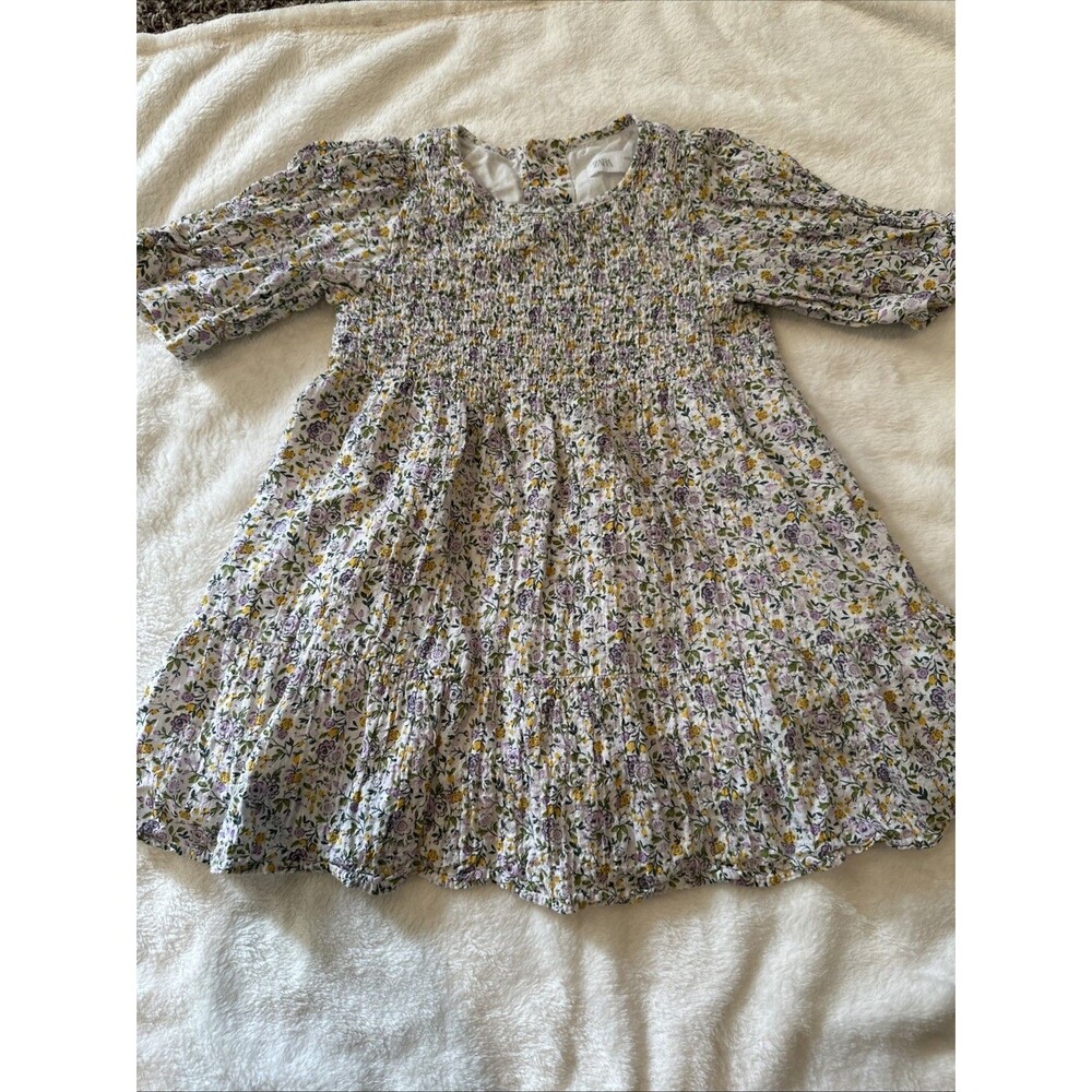 Zara Girls 3-4 Years 104 Cm Smocked Dress Purple Yellow Ruching Lined Kids